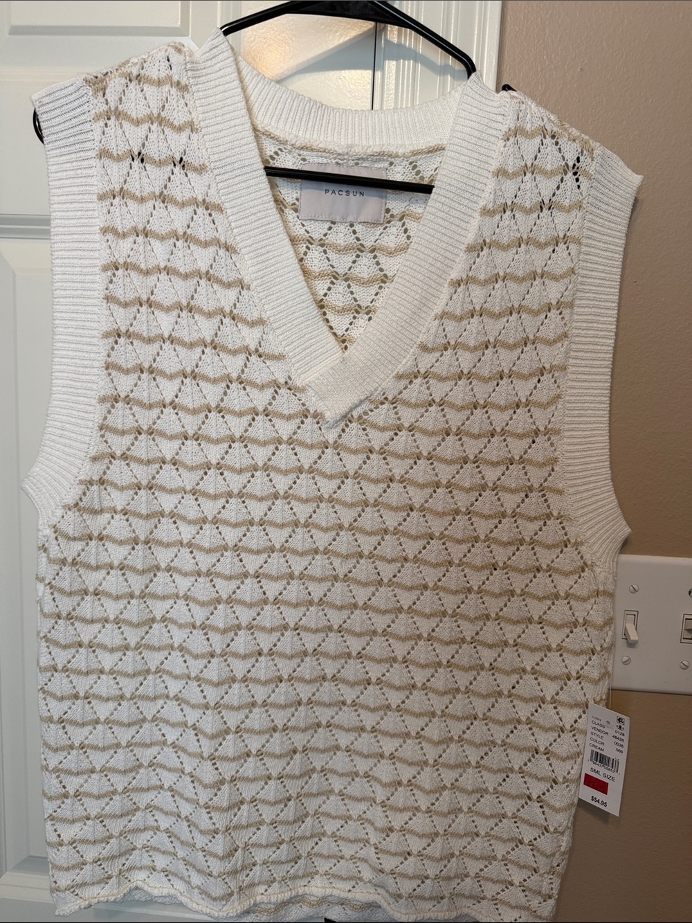 PacSun Cream and Tan Open-Knit V-Neck Sweater Vest